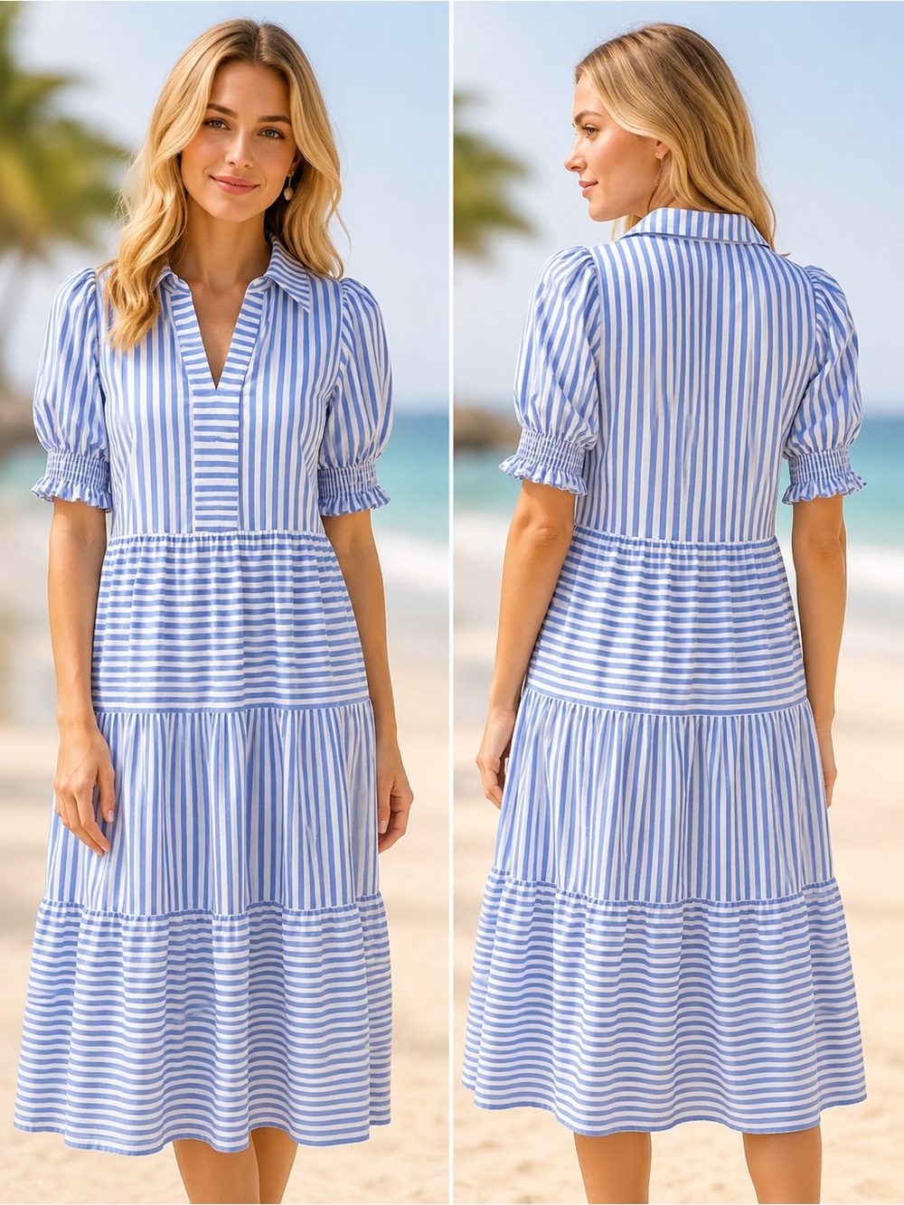 Mary Square Women’s Medium Molly Lined Up Light Blue Striped Midi Dress NEW